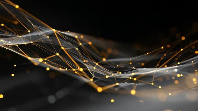 Abstract digital wave with glowing golden dots and connecting lines on a dark background, representing futuristic technology. Dynamic network visualization symbolizes innovation and connectivity