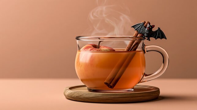 Halloween Food & Drinks photo: mug of hot apple cider with cinnamon stick and plastic bat on a wooden coaster, on a soft pastel orange wall.