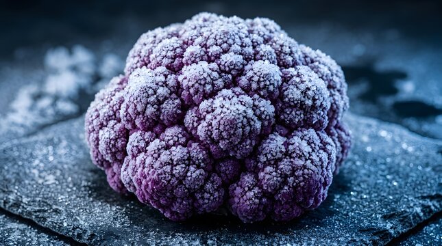 Purple cauliflower covered in frost sitting on dark icy surface with dramatic light.
