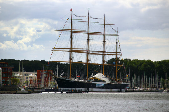Travemuende, Germany - August 6, 2026: Passat museum ship with tall sailing masts moored in Travem&uuml;nde harbor on the Baltic Sea in Germany