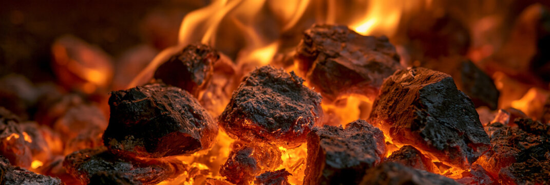 Gl&uuml;hende Holzkohle mit Flammen und Funken im Feuer, Orange und Schwarz