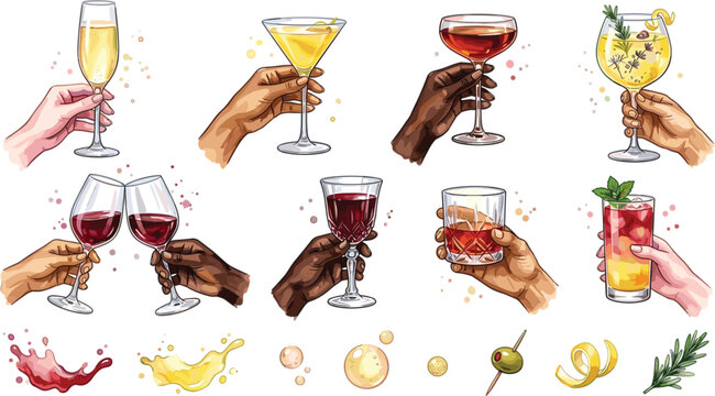  Watercolor Cocktail and Wine Glass Toasting Set Featuring Diverse Hands for Party Celebrations, Restaurant Drink Menus, Bar Branding, and Holiday Event Designs