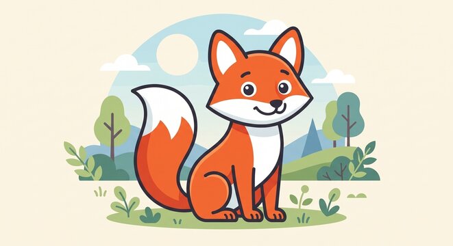 Cute cartoon vector illustration of a friendly orange fox sitting in a forest landscape