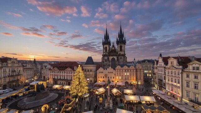 Prague Czechia Czech Republic, drone time lapse sunset to night of Christmas market at old town square