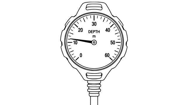 Hand-drawn vector icon of a professional dive depth gauge with luminescent green dial measuring underwater depth in meters, analog scuba diving instrument illustration -
