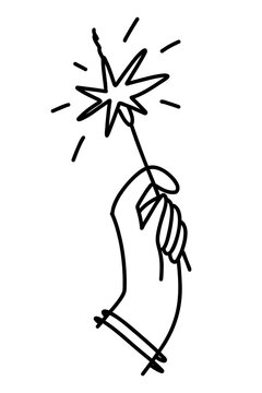 Hand drawn New Year party doodle with hand holding a sparkling star wand, festive celebration symbol for holiday cards, invitations, posters, party stationery and event design