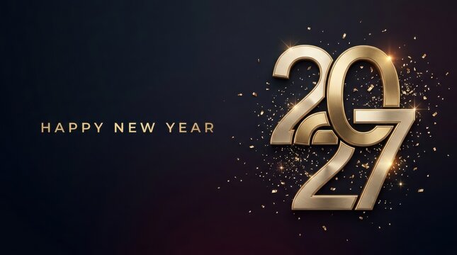 Happy new year 2027 golden typography with confetti on dark