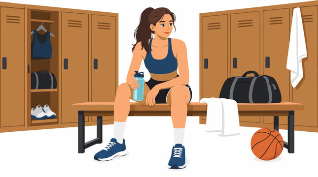 Female basketball athlete sitting on a wooden bench holding a water bottle inside a gym locker room with sports gear, post workout rest concept flat vector illustration on a white background