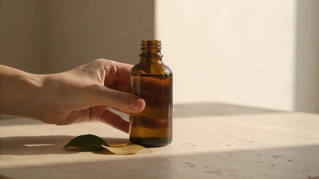 Person hand touching an amber glass bottle standing on a stone table beside leaves under warm natural sunlight with copy space for organic skincare mockup