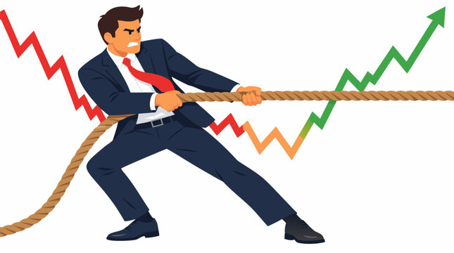 Tense businessman leaning back to pull a thick rope, turning a declining red stock chart into a rising green growth arrow, market recovery concept flat vector illustration on a white background