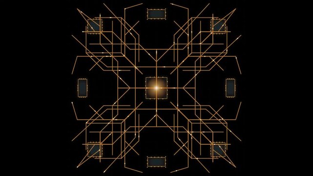 Intricate geometric pattern pulsing with warm light during a seamless loop animation representing digital data flow and connectivity