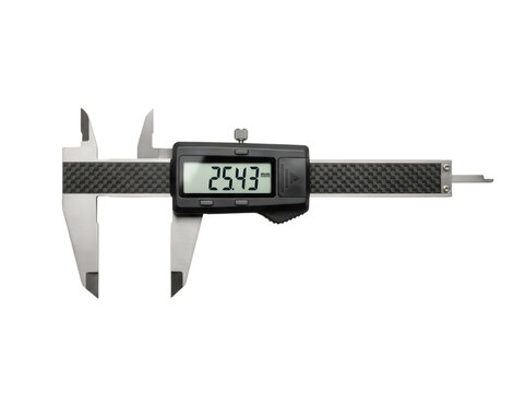 Digital caliper measuring 25.43 millimeters with transparent background.