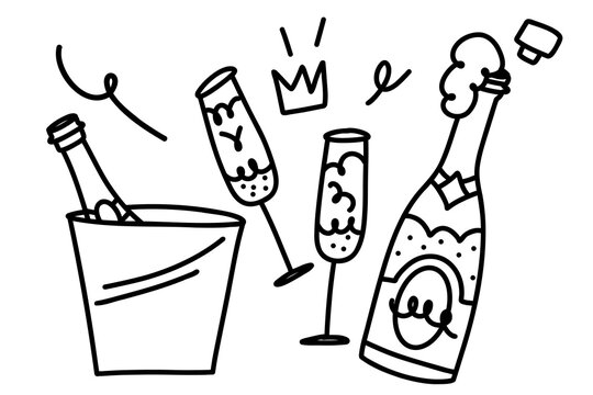 Hand drawn New Year celebration doodle with champagne bottle in ice bucket, champagne glasses and festive decorations for holiday cards, invitations, posters, menus and event branding