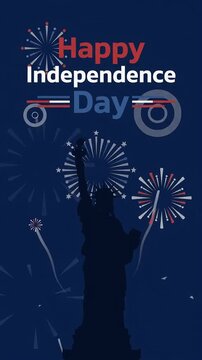 Happy Independence Day greeting with Statue of Liberty and fireworks motion graphic, ai generated