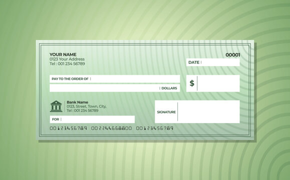 Blank bank check. Checkbook cheque template. Checkbook cheque template with green color theme. Money payment voucher or pay cash cheque certificate.