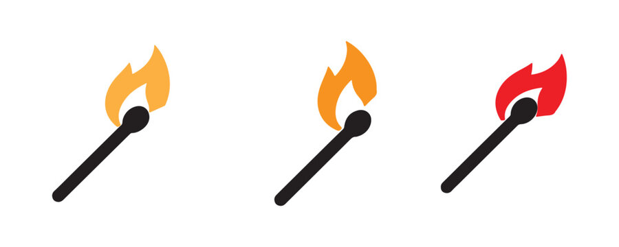Burning matchstick vector icons with colorful flames for light source or ignition concept graphics.