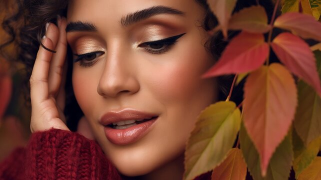 Woman surrounded by autumn leaves in a warm seasonal beauty portrait