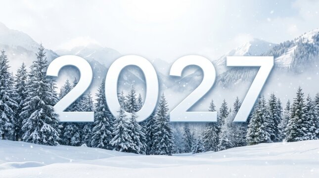 2027 new year text on snowy winter pine tree forest