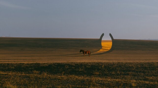 Horse grazing inside a floating horseshoe shaped portal on a vast empty plain, surreal warm sunlight for equestrian tourism and countryside campaigns