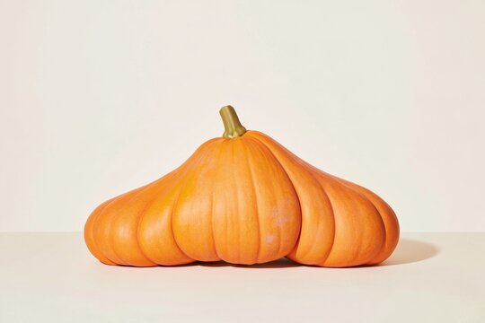 Orange pumpkin with exaggeratedly wide proportions and deep ribs, featuring a matte texture in a minimal for harvest advertising with copy space