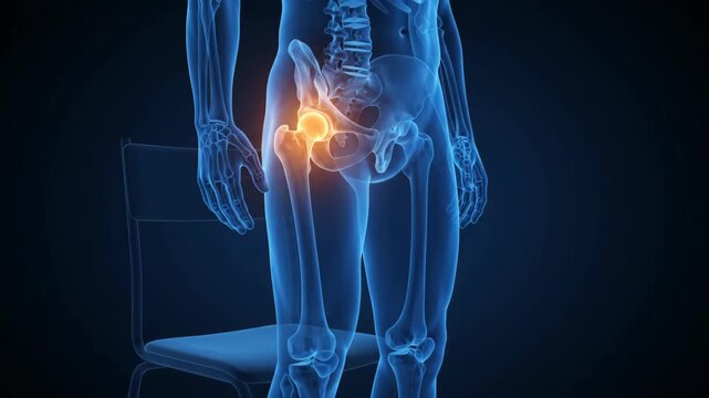 Human skeleton experiencing hip joint pain while sitting and standing