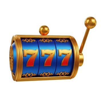 Golden slot machine with three 7s lit up isolated on white background