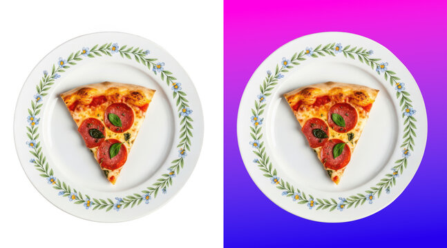 Delicious pepperoni pizza slice on decorative plate pair