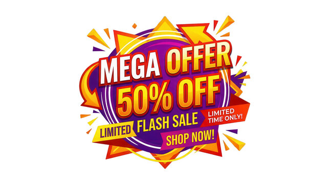 Bright colorful mega offer fifty percent off badge label for sales promotion and marketing events isolated on display isolated on transparent background
