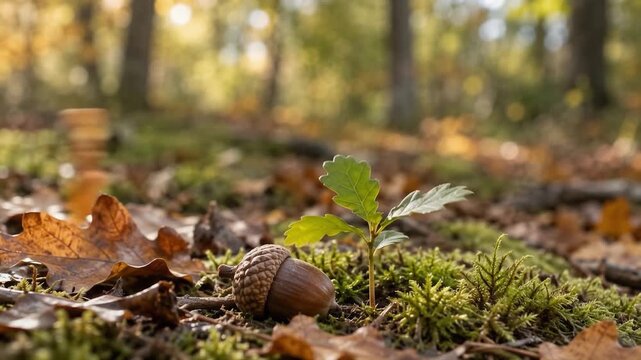 Small green oak tree seedling growing next to a fallen acorn on lush mossy forest floor with warm autumn sunlight in the woodland