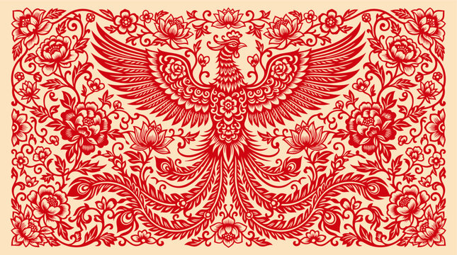 Chinese paper cut phoenix with peony and lotus flowers.