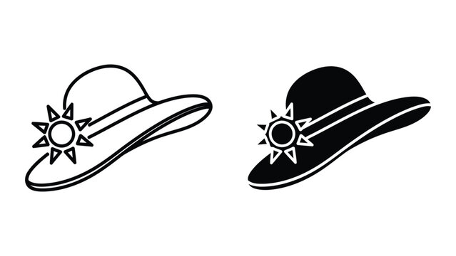 Elegant wide brim sun hat with sun flower detail vector icon for summer fashion