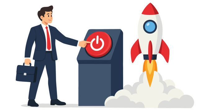 Businessman carrying black briefcase pushing a large red power button to blast off a red and white rocket into the sky, startup launch concept, colorful vector illustration on solid white