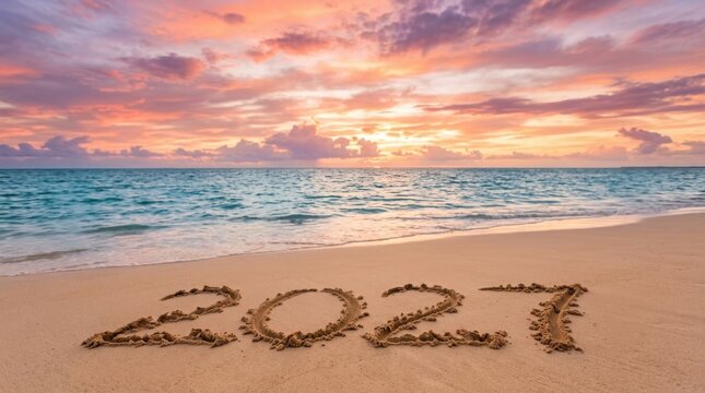 2027 written in sand on beach at sunrise with new year