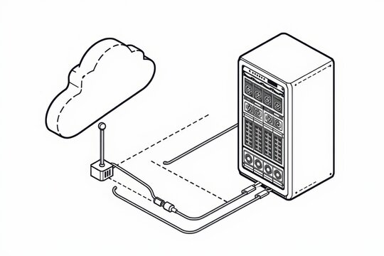 Cloud computing server rack with networking equipment and cables technical illustration background