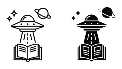 UFO spaceship abducting an open book vector icon set in outline and solid black style © Druvo