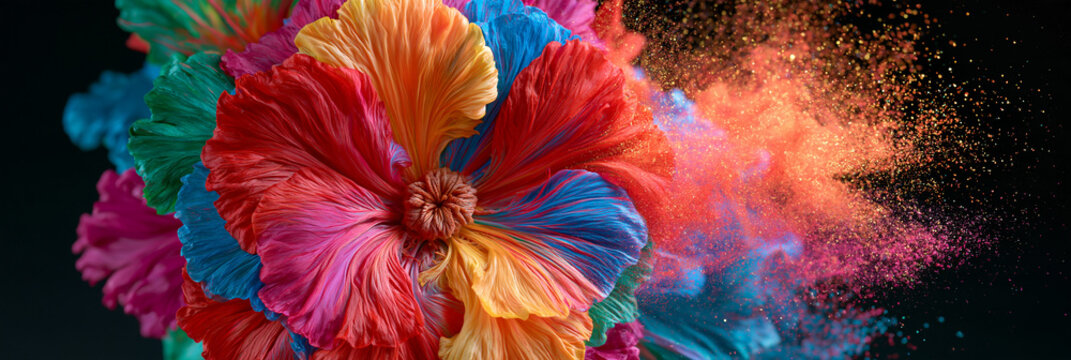 Bunte Bl&uuml;te in Orange, Gelb, Blau und Pink mit Farbnebel auf Schwarz