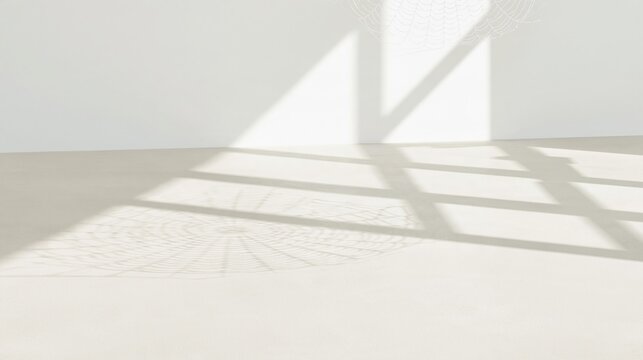 Spider web casting a detailed shadow on a smooth grey microcement floor, with a soft beam of morning light for a minimalist background and copy space