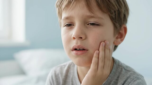 Young boy suffering from toothache holding his cheek in pain