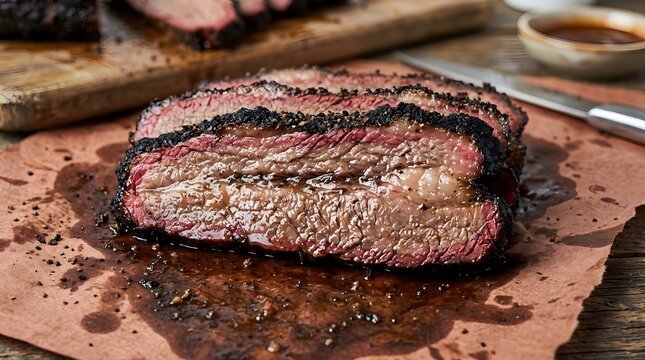 Sliced smoked beef brisket with a dark crust and juicy pink interior on brown paper.
