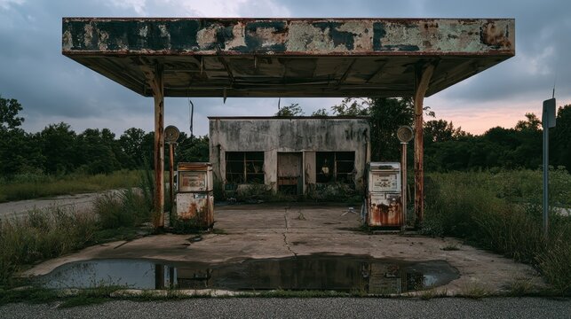 Old gas station ruin in a quiet roadside landscape, rust, dust and quiet atmosphere