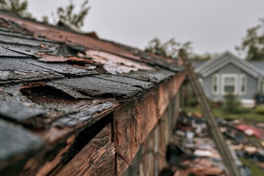 On-site view of wind damage to roof with debris and damaged edge