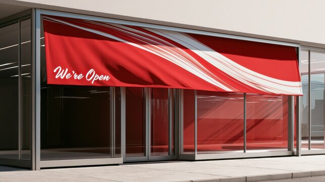 Open for business signage: red banner across storefront with sweeping curved accent in a digital render