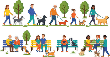 Fototapeta premium People walking and relaxing with dogs in a park colorful vector illustration
