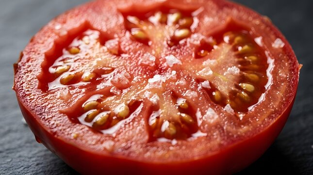 Juicy half tomato with coarse salt crystals for fresh salads and cooking.