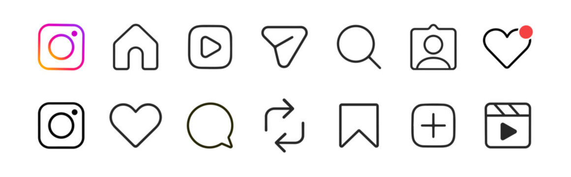 Instagram social media icon set with editable outline vector UI interface symbols, camera, home, like, comment, share, repost, reels and bookmark. Editorial vector illustration.