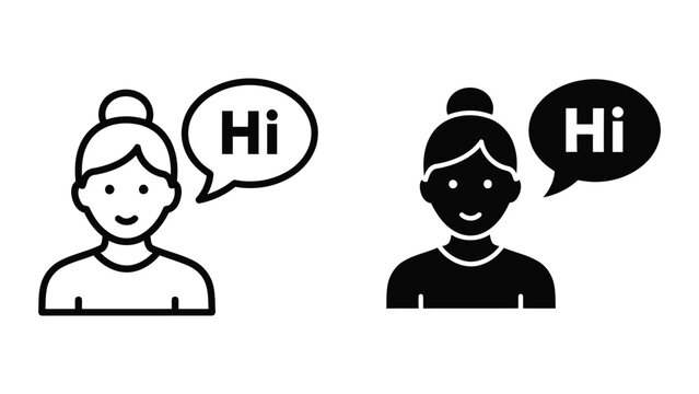 Friendly woman saying hi with speech bubble isolated on transparent background
