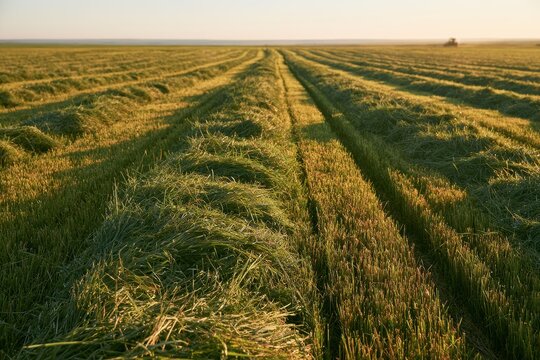 Overhead view of neatly aligned alfalfa windrows in a sunlit field