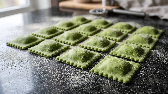 Rows of fresh homemade green spinach ravioli on dark kitchen counter, Italian cuisine.