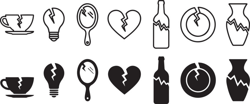 Broken household items and objects linear and glyph icons set, representing damage, repair, and destruction.