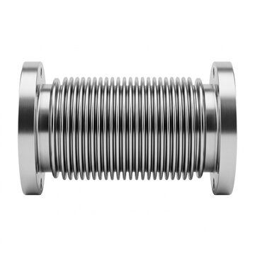 Ultra-high vacuum beamline edge-welded bellows. Precision machined heavy stainless steel convolution stack for high-energy particle physics hardware. Isolated macro on white background.